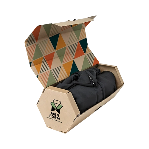 Custom apparel boxes made of recycled kraft card stock with inside & outside full-color printing