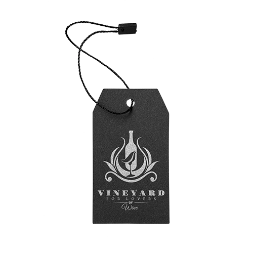 Custom Shape Bottleneck Hang Tags with grommet and white elastic string