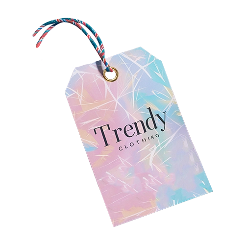 Custom printed clothing tag with punch hole and black elastic string