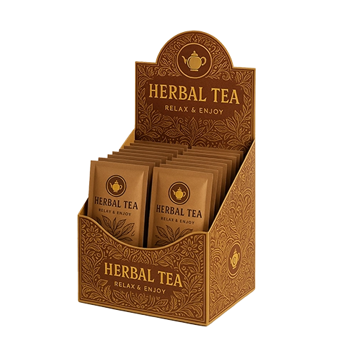 Custom-printed display box with custom die-cut inserts, suitable for small cosmetics items and food products
