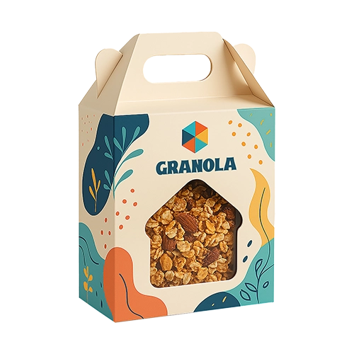 Branded gable box with full color printing and window cut out for product display