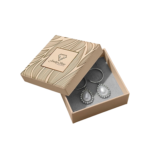 Two-piece rigid jewelry box with full-color printing and EVA foam insert including die cuts to hold earrings