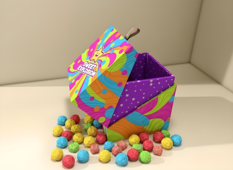 Colorful candy gift box with ribbon pull tab, vibrant artwork, and assorted treats