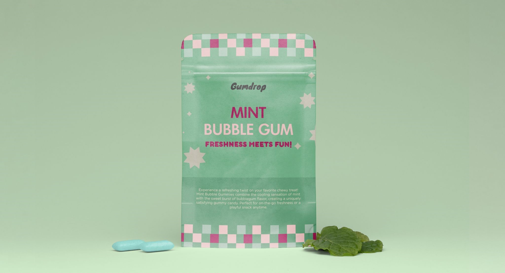 Custom printed Mylar stand-up pouch for mint bubble gum, with colorful graphics and resealable zipper