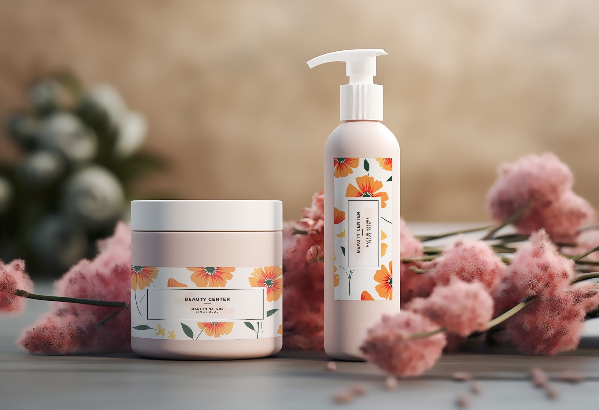 Custom printed cosmetic labels on skincare jar and pump bottle packaging