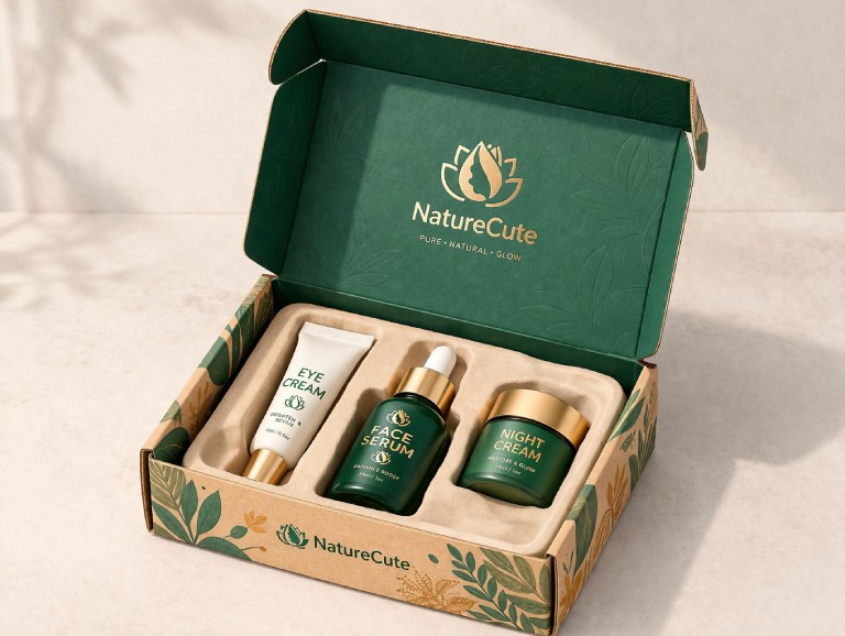 Custom shipping box with skincare products and molded insert providing secure protection during transit