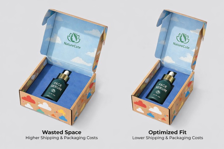 Custom shipping packaging comparison showing oversized box vs right-sized box for lower shipping costs