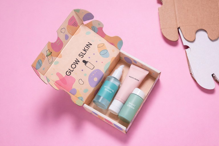 Ecommerce shipping box with skincare products for cost-efficient and secure delivery