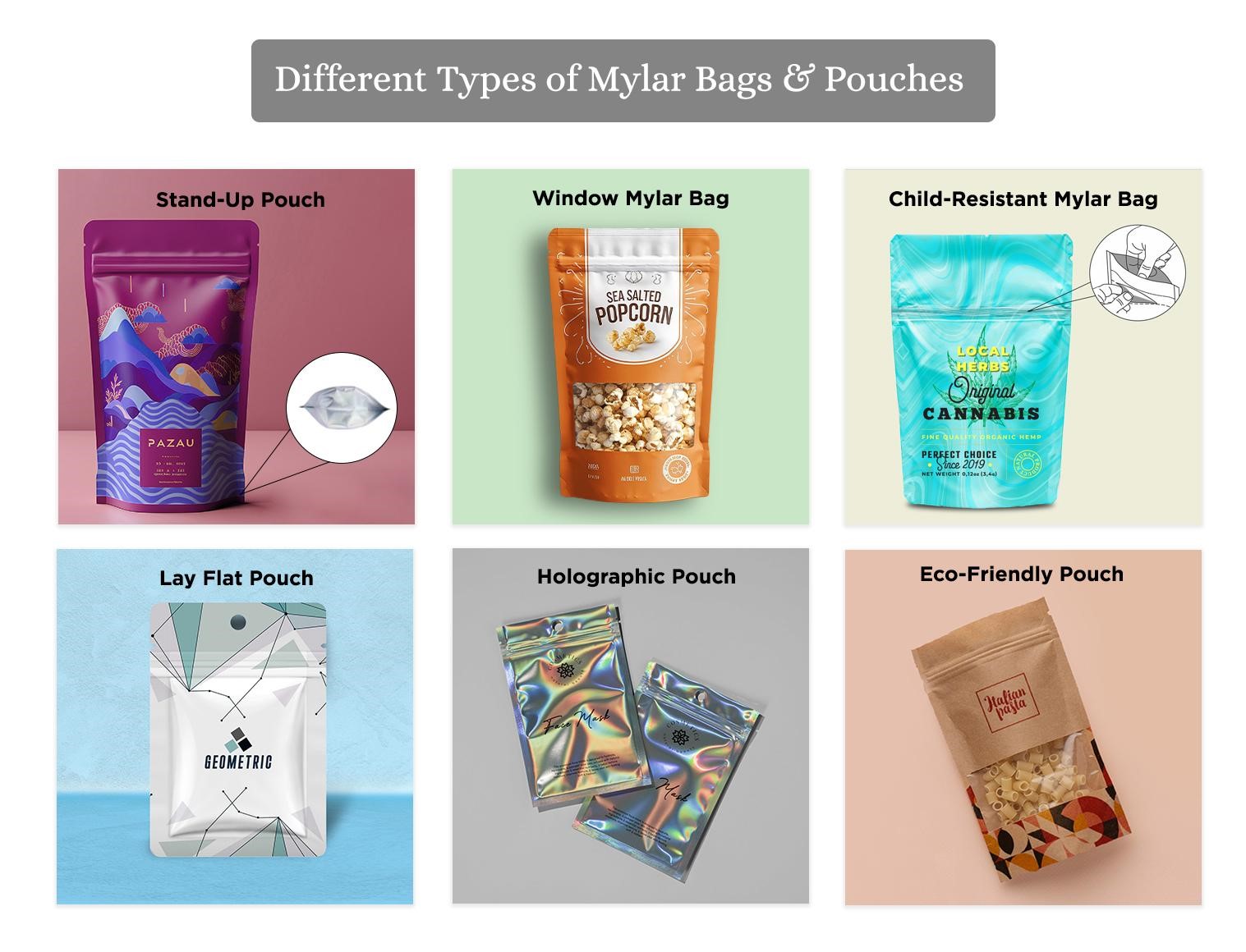 Examples of custom Mylar packaging including stand-up, window, child-resistant, lay flat, holographic, and eco-friendly pouches