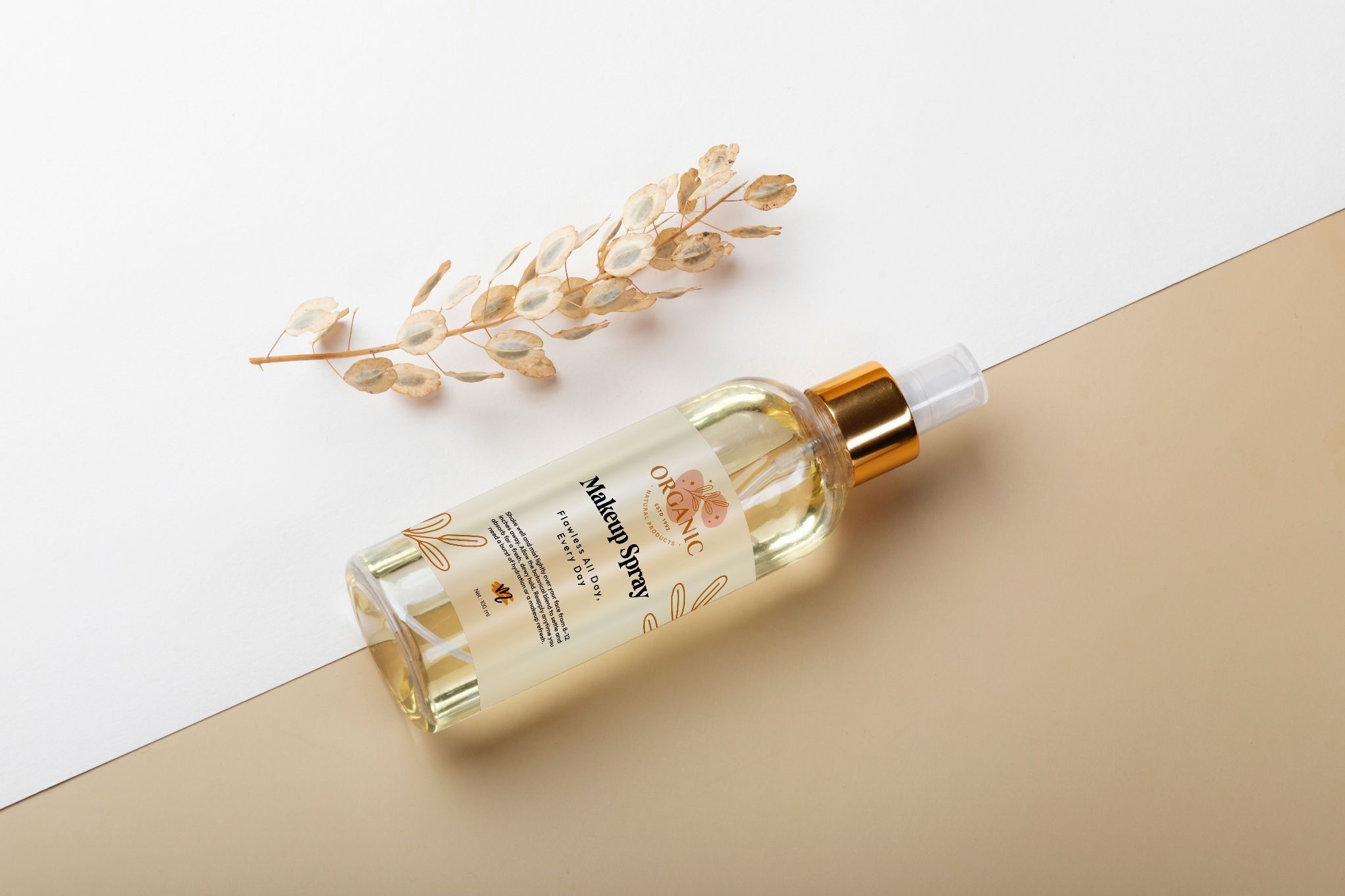 Organic makeup spray bottle with custom printed cosmetic label and spray bottle