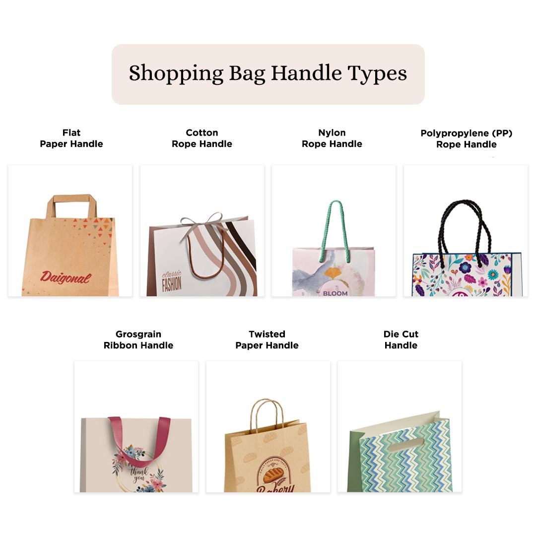 Shopping bag handle types: flat paper, cotton rope, nylon rope, PP rope, grosgrain ribbon, twisted paper, and die-cut handle