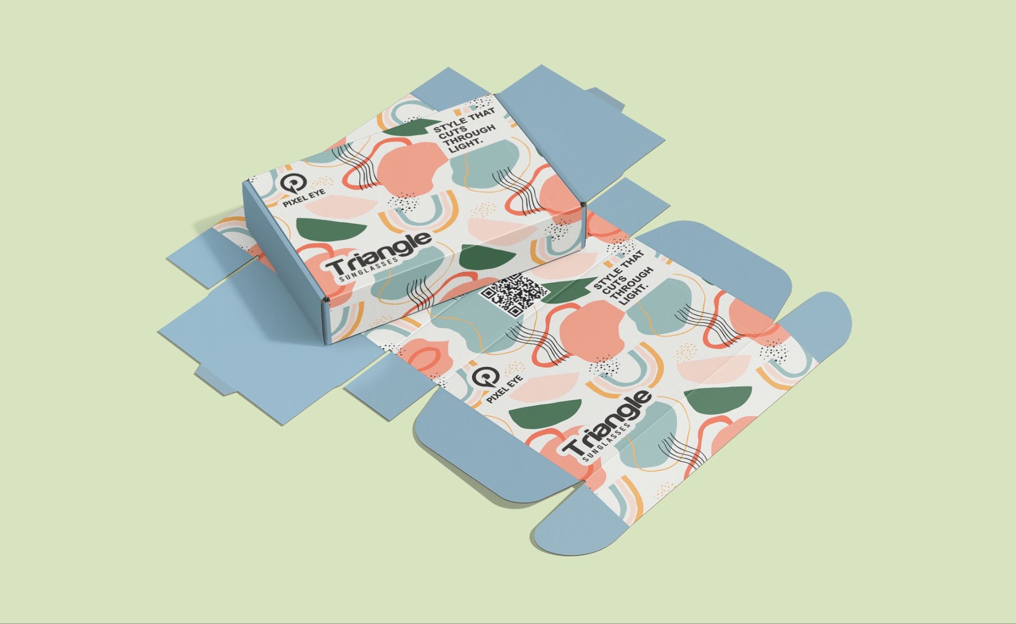 Custom printed mailer box showing flat die layout and assembled packaging box