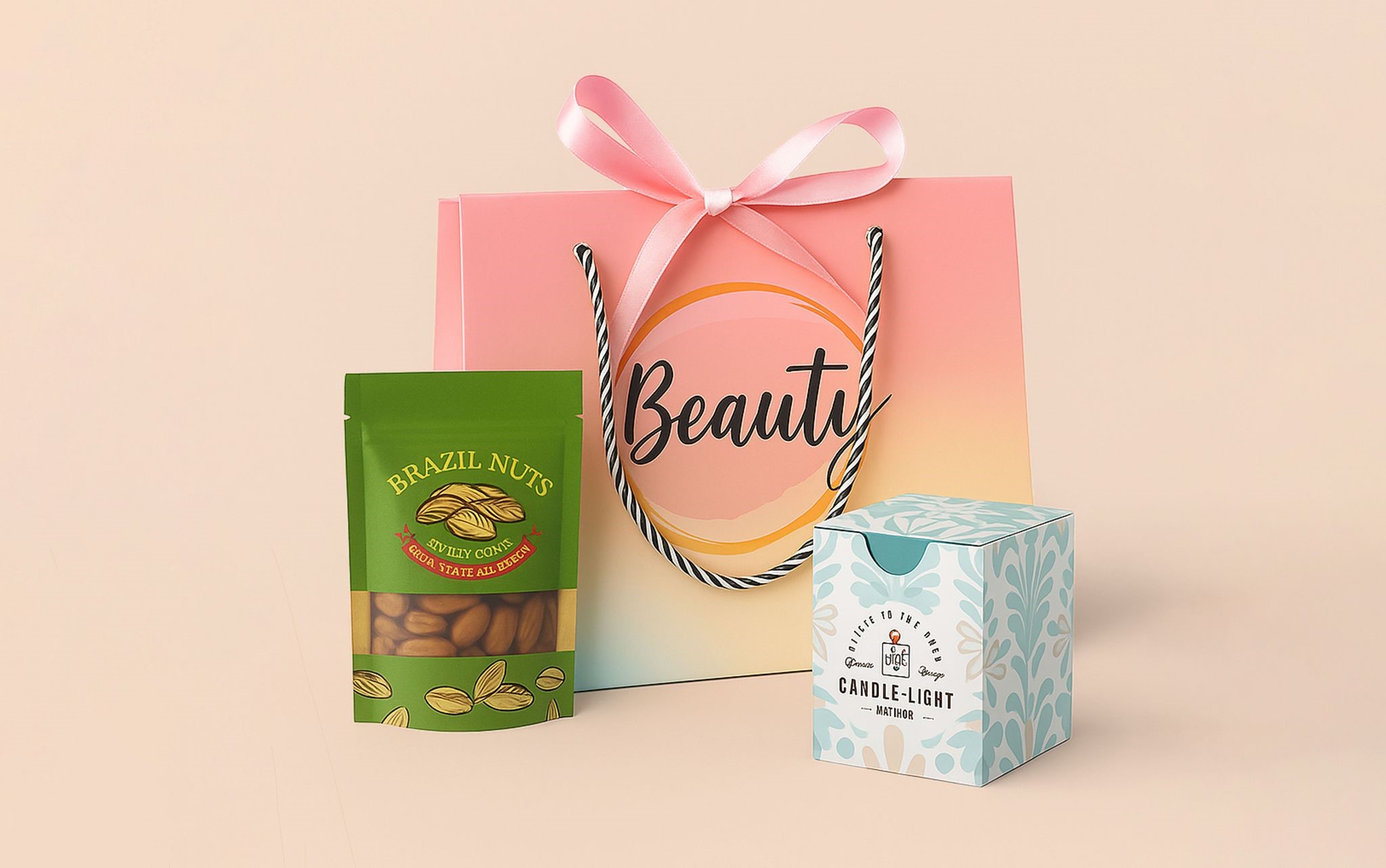 Custom product retail packaging designs for food, beauty, and candle products with colorful branding
