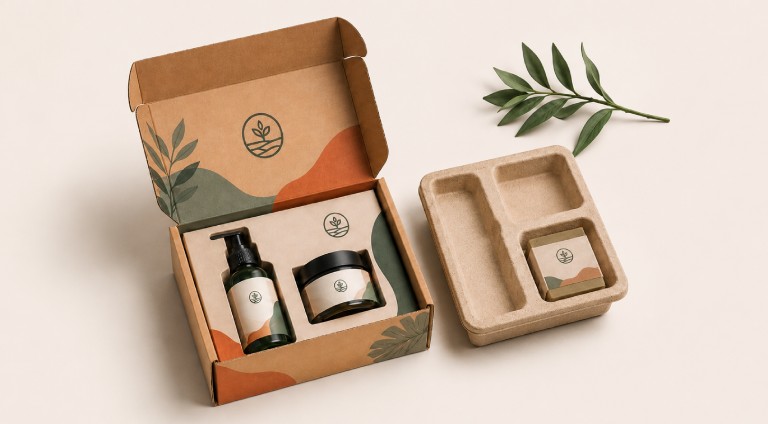 Sustainable skincare packaging mockup showing custom-printed kraft corrugated mailer box, packaging inserts, and sleeve packaging